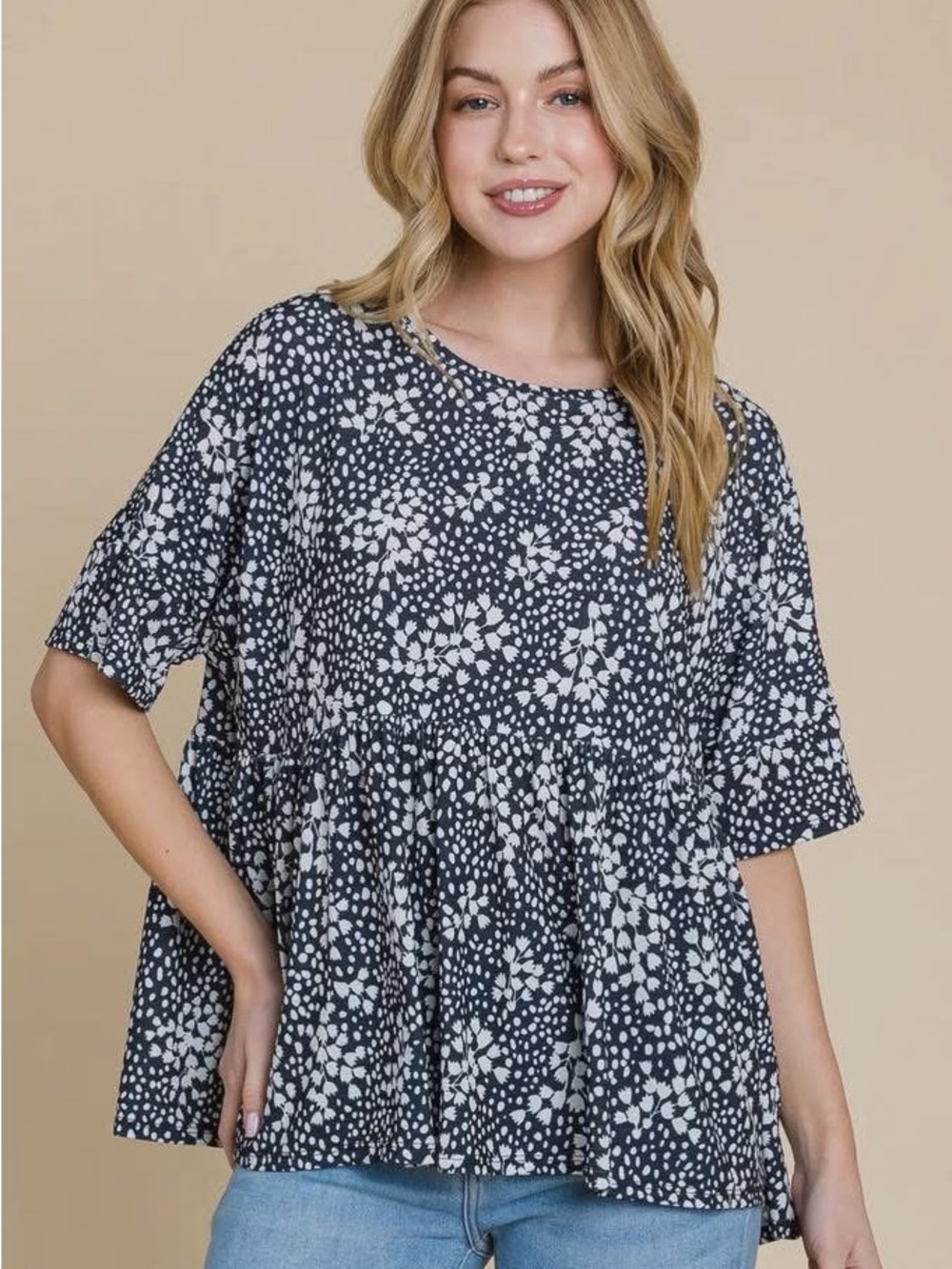 Women's Navy and White Floral Peplum Top